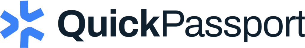 QuickPassport logo featuring a blue starburst design and bold text, representing efficient passport processing services.