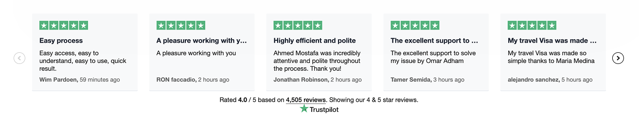 Customer reviews highlighting positive experiences with a passport processing service, showcasing ratings and feedback for efficient and supportive service.
